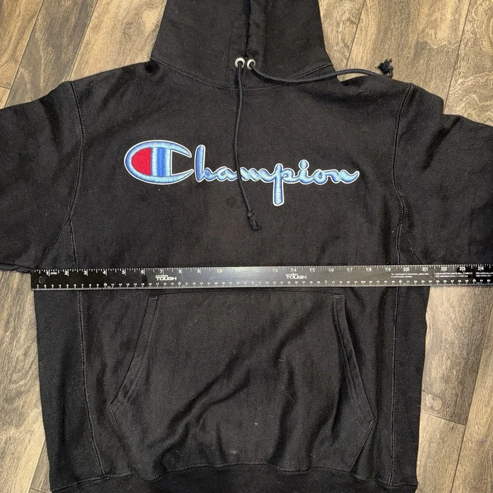 Champion Fleece Hoodie Reverse Weave Script Logo Men's Size M Black 3D Floss